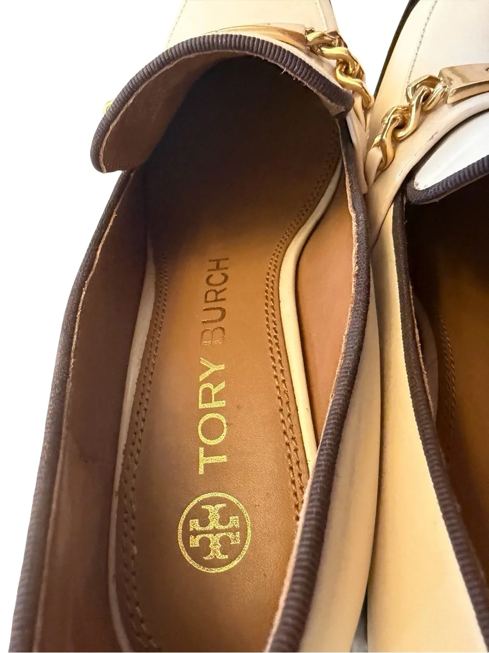 Tory Burch Cream Block Heel Loafers with Gold Chain and Brown